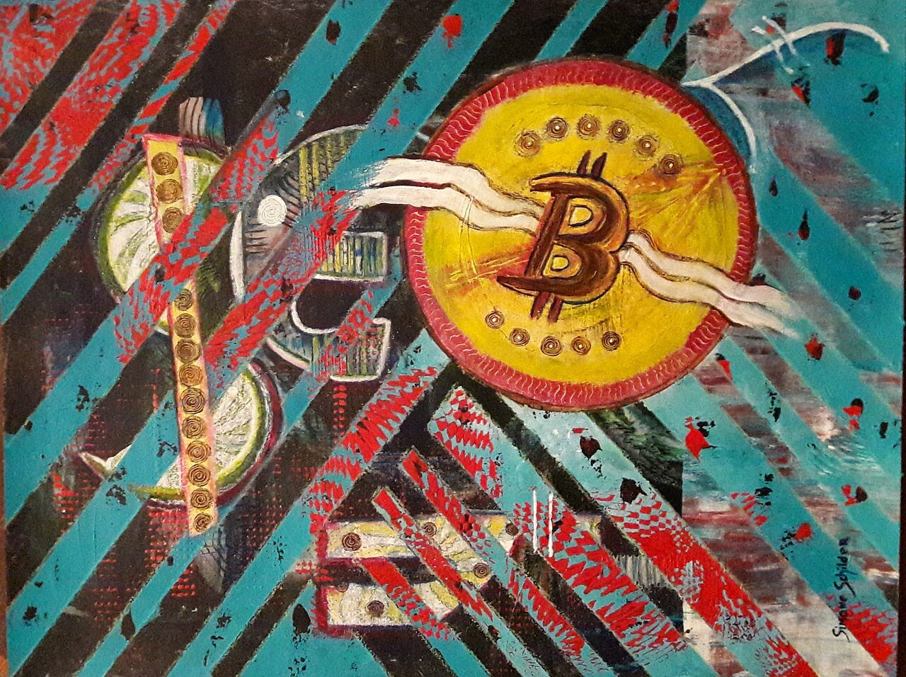 Bitcoins físicos dourados sobre representação visual de blockchain — a rede descentralizada criada por Satoshi Nakamoto em 2009