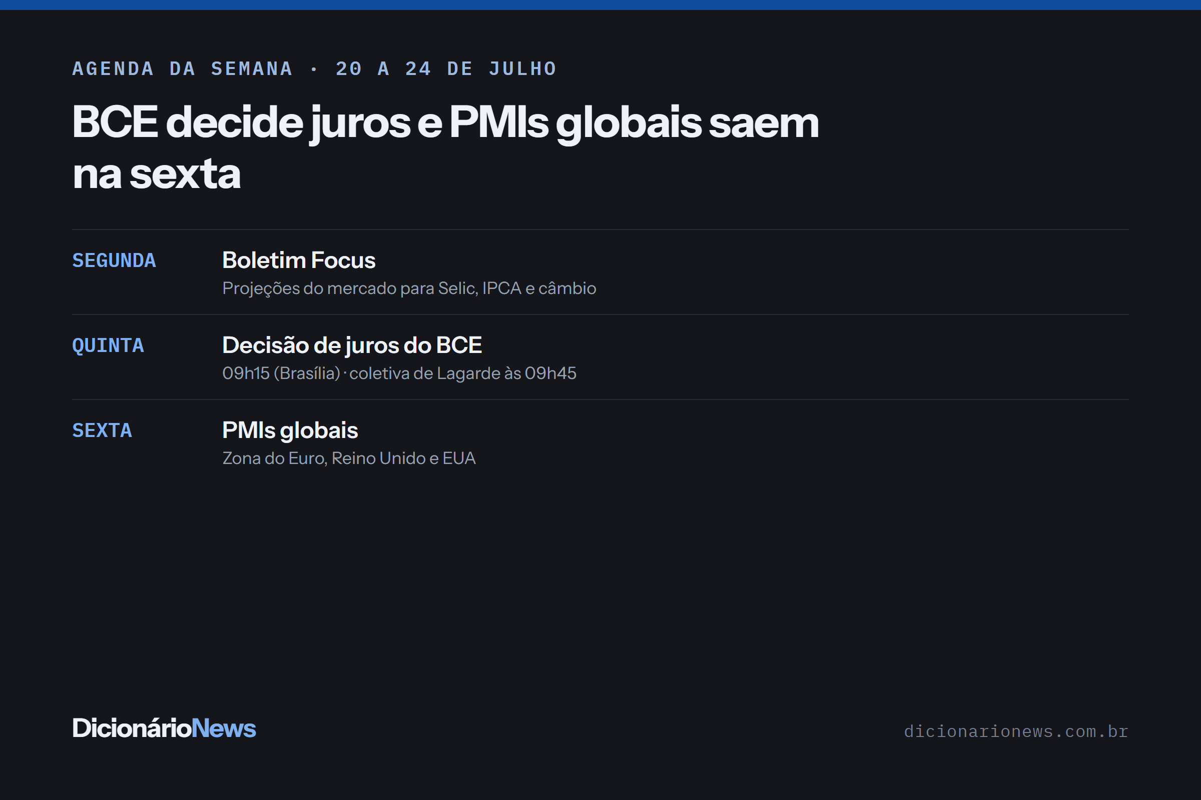 BCE decide juros nesta semana: o que esperar 2 Ficha com a agenda econômica da semana de 20 a 24 de julho de 2026: decisão de juros do BCE na quinta, PMIs na sexta e Boletim Focus na segunda