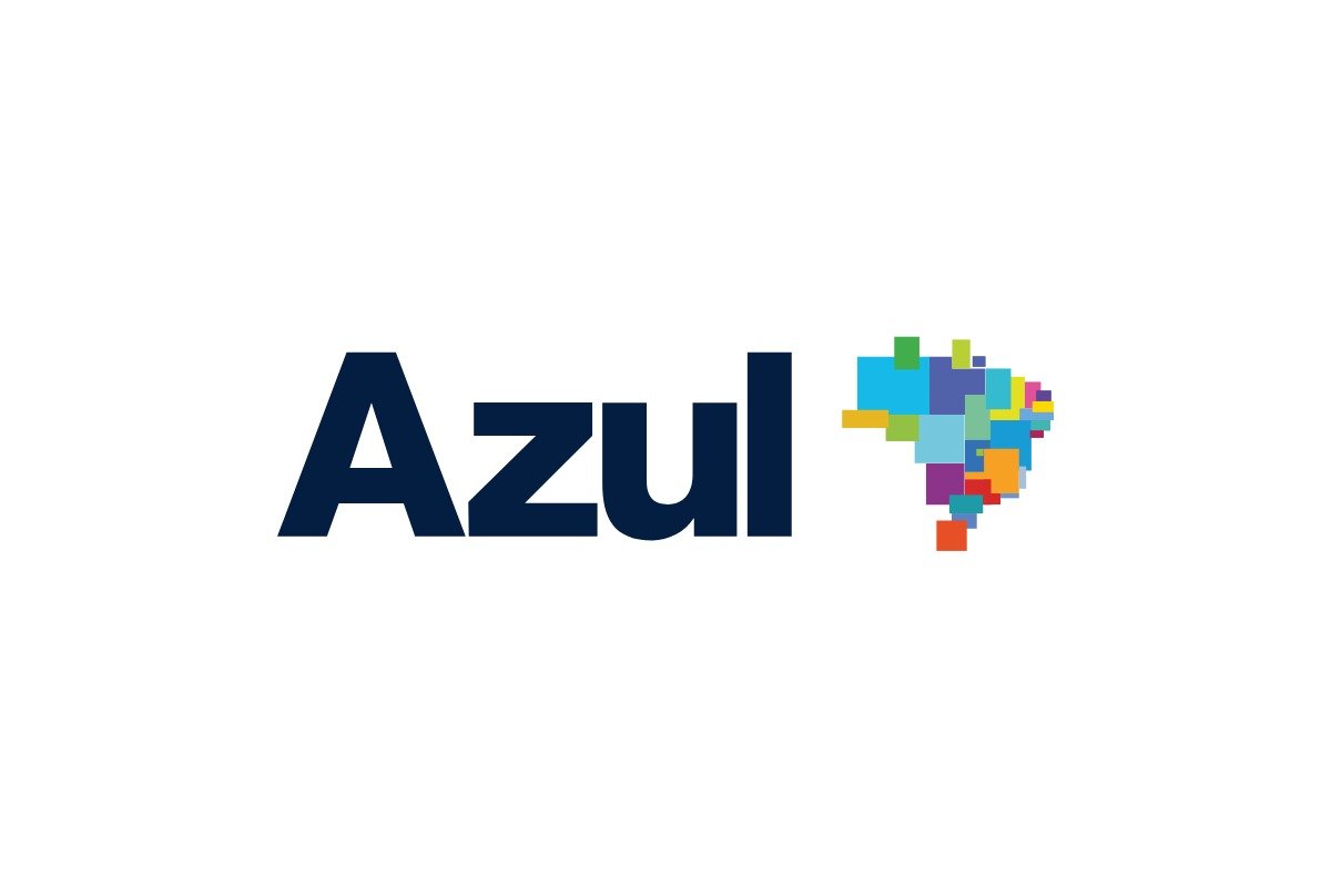 Logotipo oficial da Azul Linhas Aéreas, com o nome da marca em azul-marinho e um ícone do mapa do Brasil em mosaico colorido