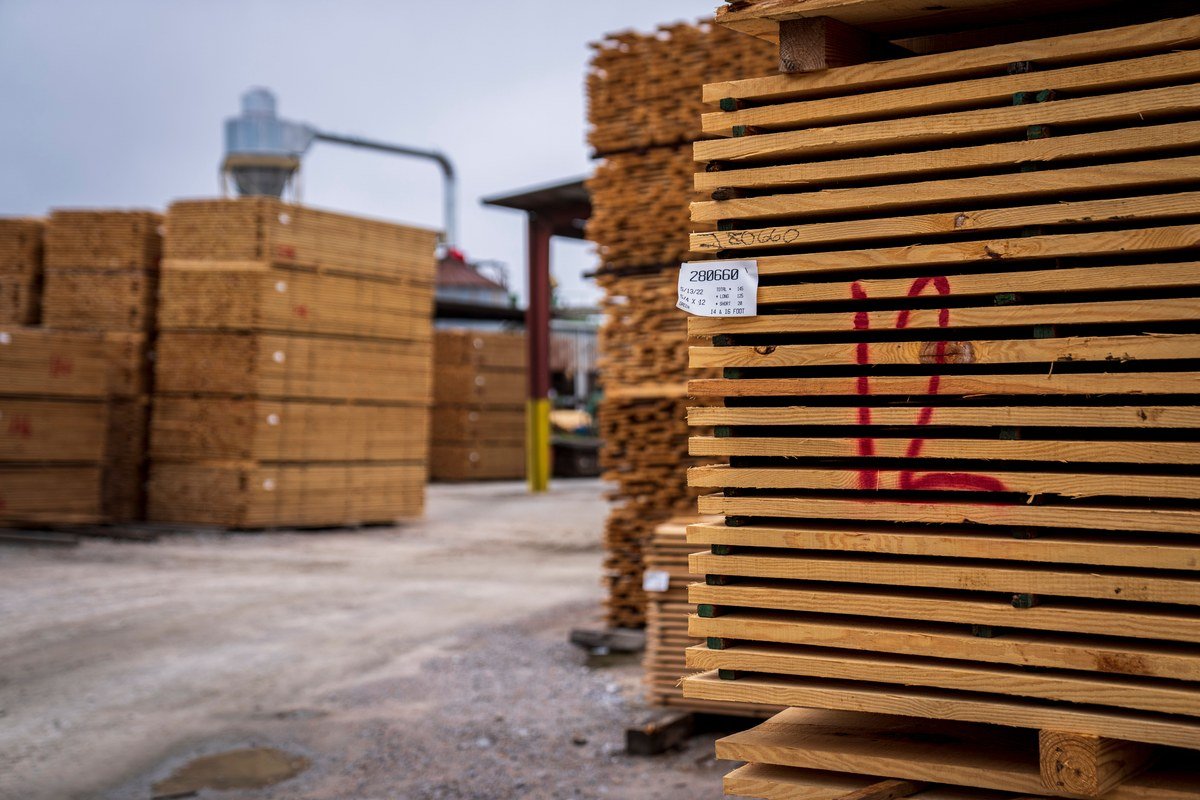 A base florestal segue sendo o ponto de partida de toda a cadeia produtiva da Suzano Pilhas de madeira processada num pátio industrial, ilustrando a base florestal da indústria de papel e celulose