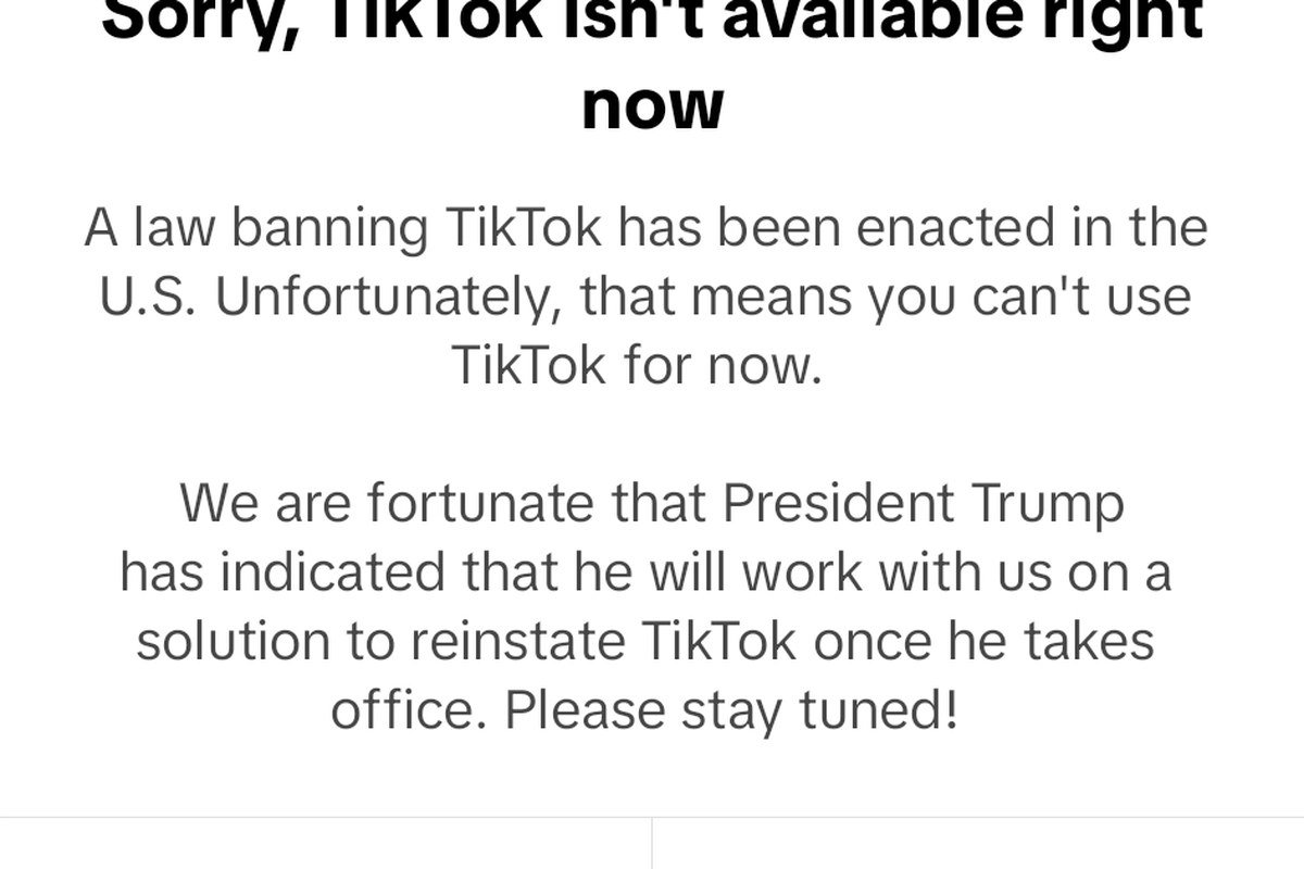 Mensagem de bloqueio exibida no TikTok durante o apagão de janeiro de 2025 nos EUA