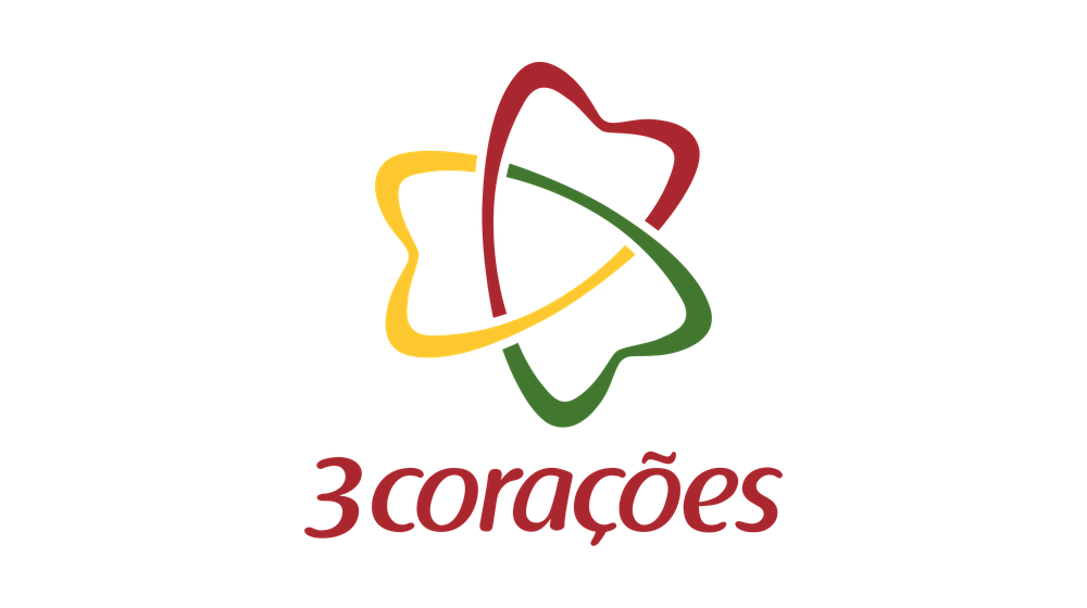 Logotipo do Grupo 3corações, com três corações estilizados em vermelho, amarelo e verde sobre o nome da empresa