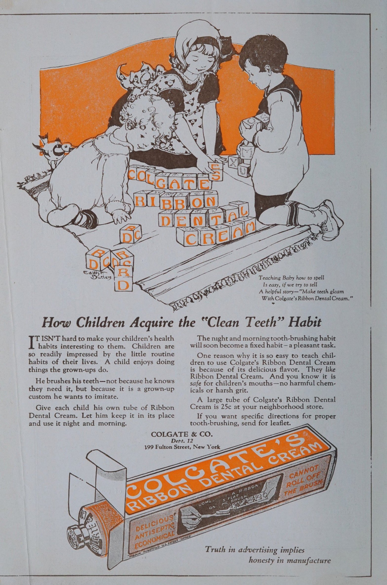 Colgate é de qual país? Quem é o dono da marca de pasta de dente 4 Anúncio de Colgate Ribbon Dental Cream publicado na revista Little Folks em outubro de 1921; peça histórica, não orientação de saúde atual.