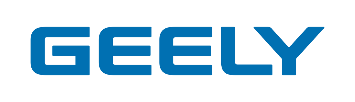 Logotipo da Geely, com o nome da empresa em letras azuis grossas