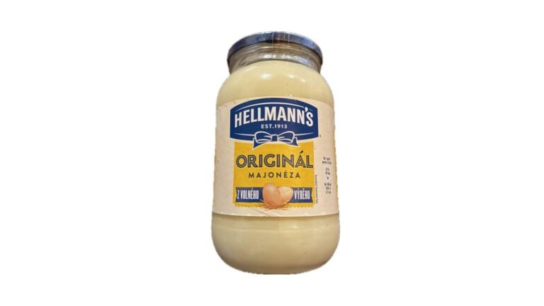 Pote de maionese Hellmann's com a fita azul no rótulo