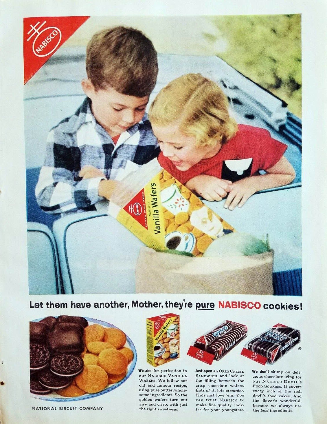 Anúncio de biscoitos da Nabisco publicado nos Estados Unidos em 1954. Décadas depois, a empresa americana lançou a Trakinas no Brasil.