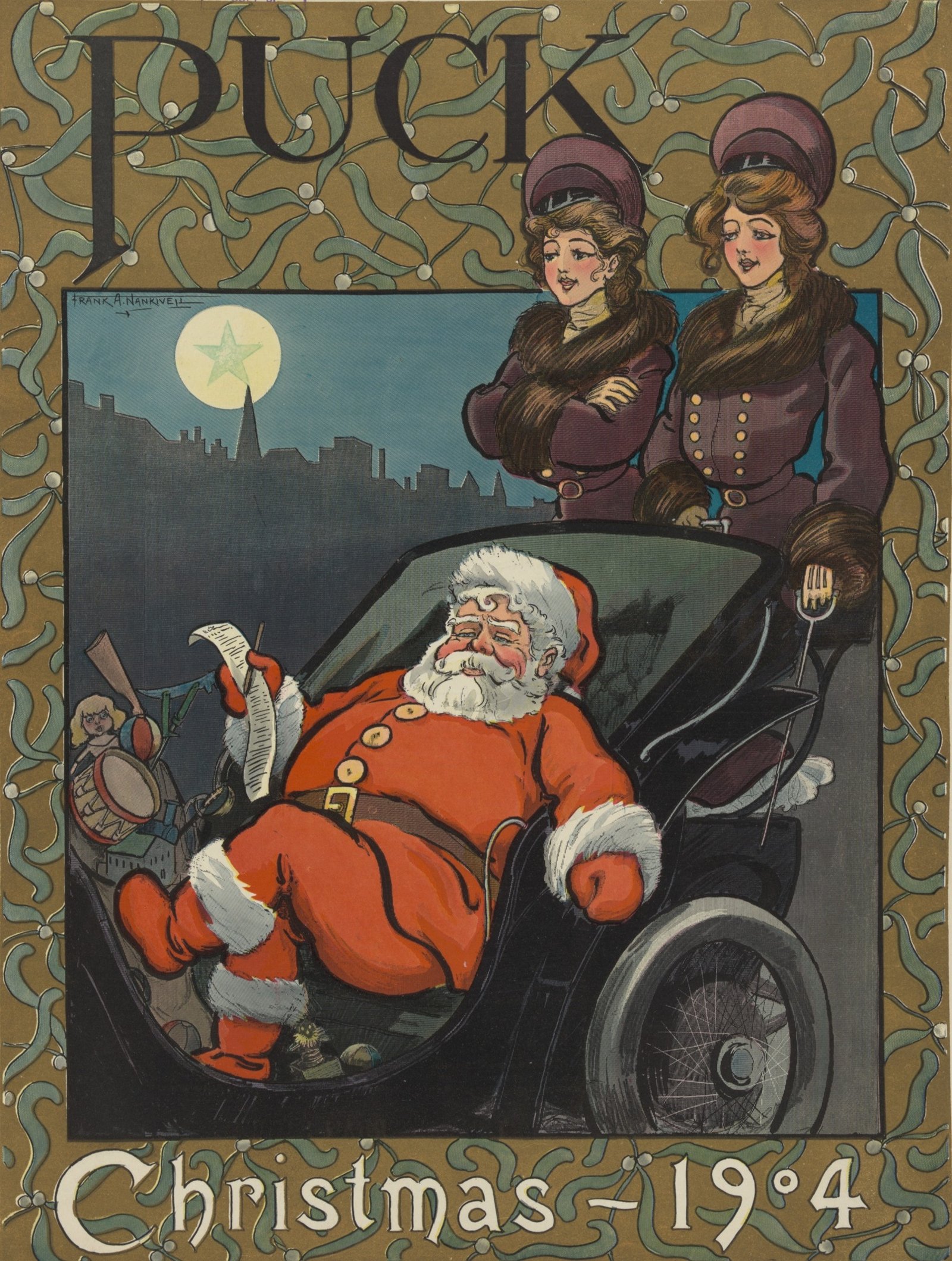 A Coca-Cola inventou o Papai Noel de roupa vermelha? Mito e história 6 Capa de Natal de 1904 da revista Puck: o Papai Noel de vermelho, barba branca e cinto, dentro de um automóvel.