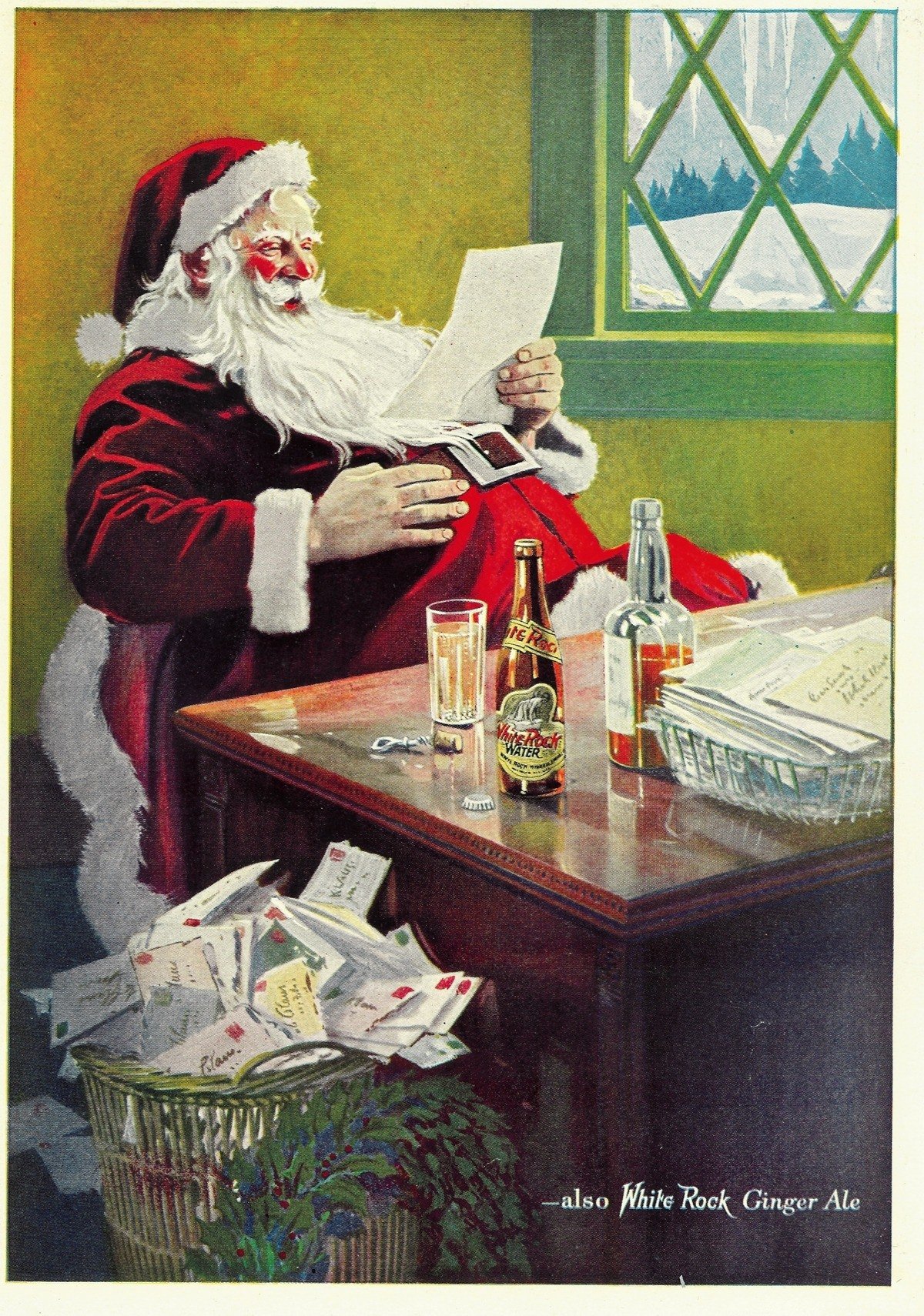 A Coca-Cola inventou o Papai Noel de roupa vermelha? Mito e história 7 Anúncio da White Rock publicado na revista Life em 13 de dezembro de 1923, com o Papai Noel de vermelho e garrafas da marca.
