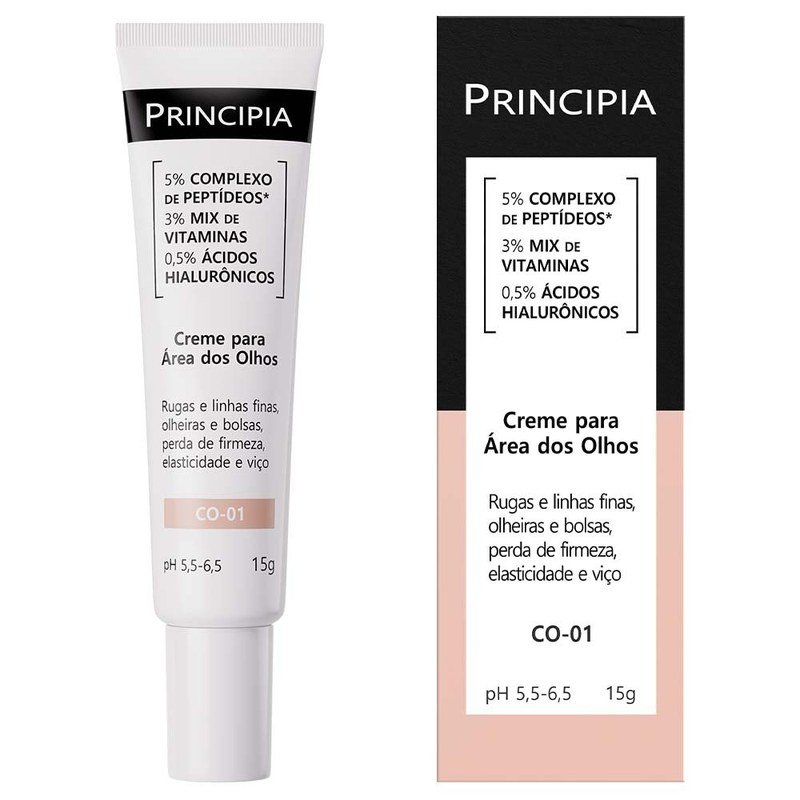Quem é o dono da Principia? A marca de skincare é brasileira e tem um único dono 7 Bisnaga branca do creme para a área dos olhos Principia CO-01 ao lado da caixa rosa