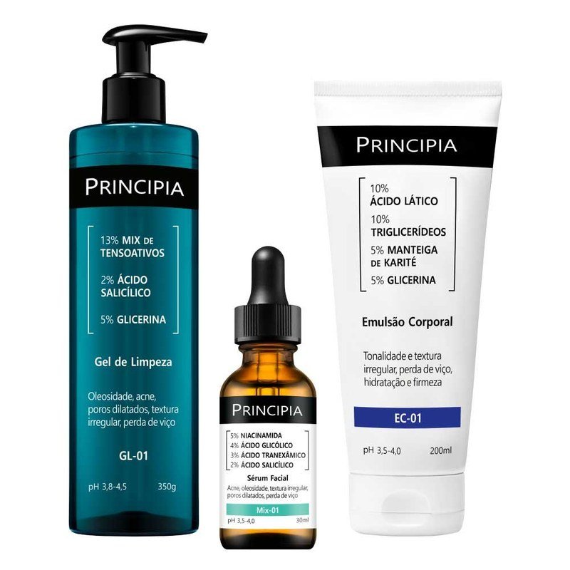 Quem é o dono da Principia? A marca de skincare é brasileira e tem um único dono 6 Frasco de gel de limpeza azul, frasco de sérum e tubo de emulsão corporal da Principia lado a lado