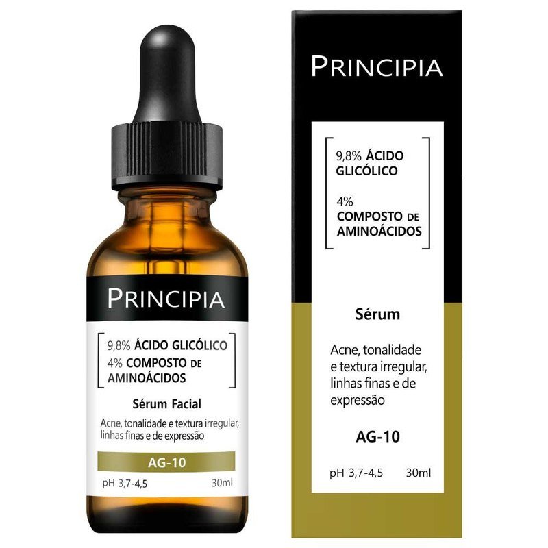 Quem é o dono da Principia? A marca de skincare é brasileira e tem um único dono 2 Frasco âmbar com conta-gotas do sérum Principia AG-10, com 9,8% de ácido glicólico, ao lado da caixa do produto