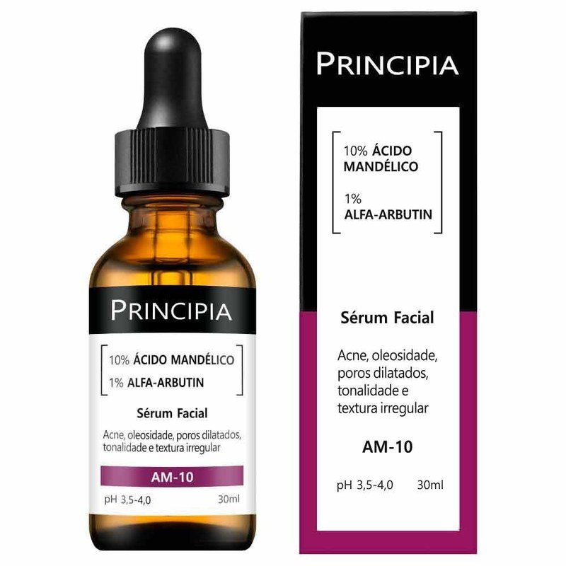 Quem é o dono da Principia? A marca de skincare é brasileira e tem um único dono 4 Frasco âmbar com conta-gotas do sérum Principia AM-10, com 10% de ácido mandélico, ao lado da caixa roxa