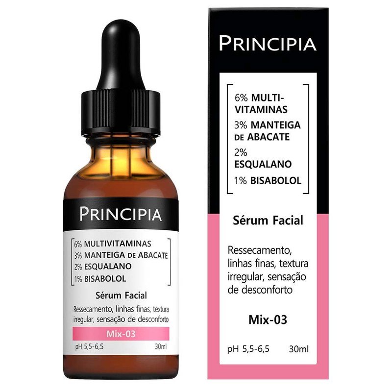 Quem é o dono da Principia? A marca de skincare é brasileira e tem um único dono 3 Frasco âmbar do sérum Principia Mix-03 ao lado da caixa rosa do produto