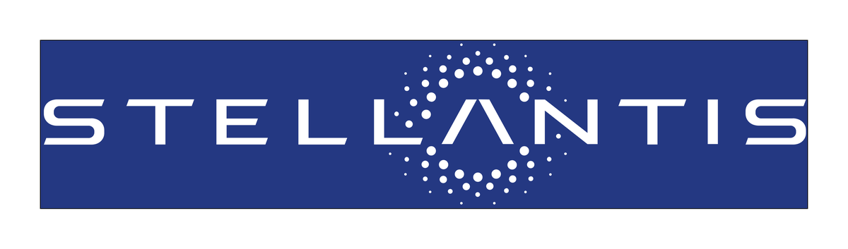 Logotipo da Stellantis, com o nome do grupo em letras brancas sobre fundo azul e um círculo de pontos