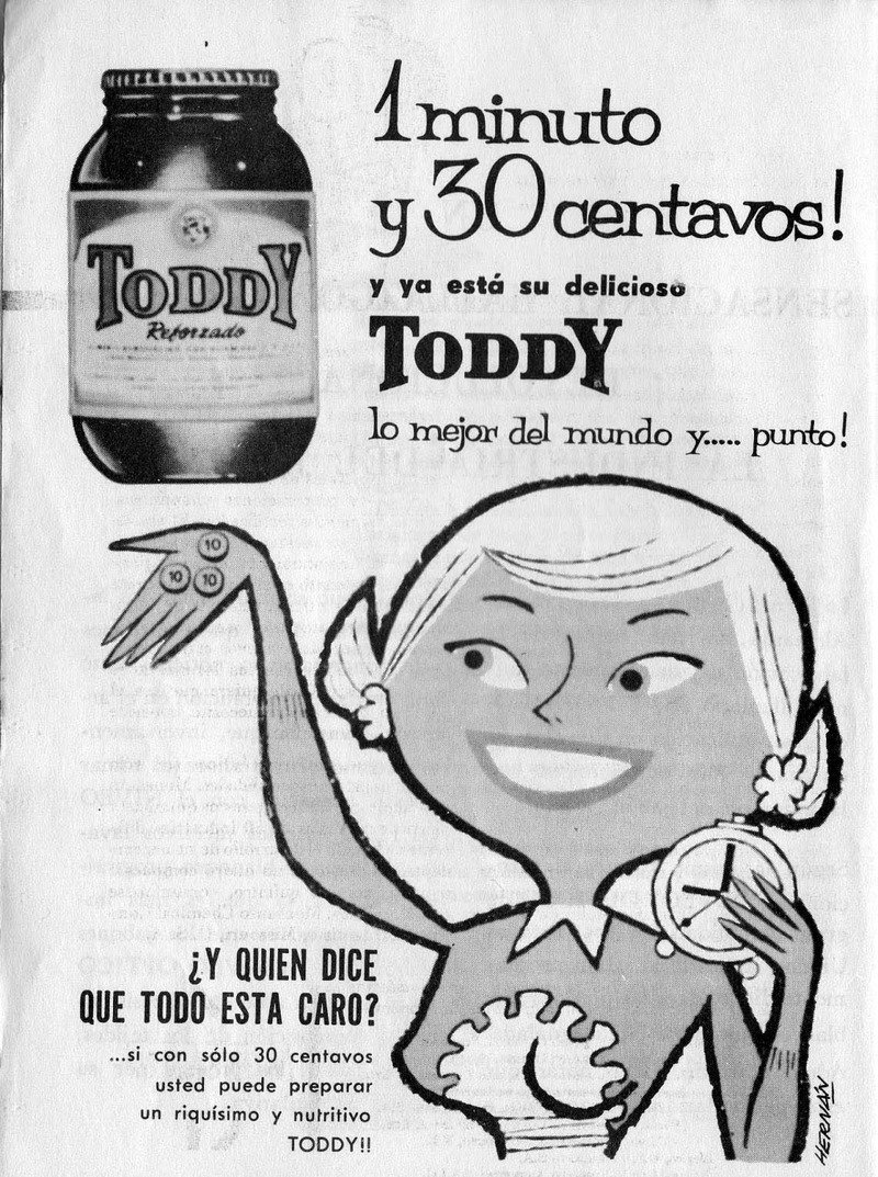 Anúncio argentino do Toddy de 1956, em preto e branco, com um pote do produto e a ilustração de uma menina segurando moedas e um relógio