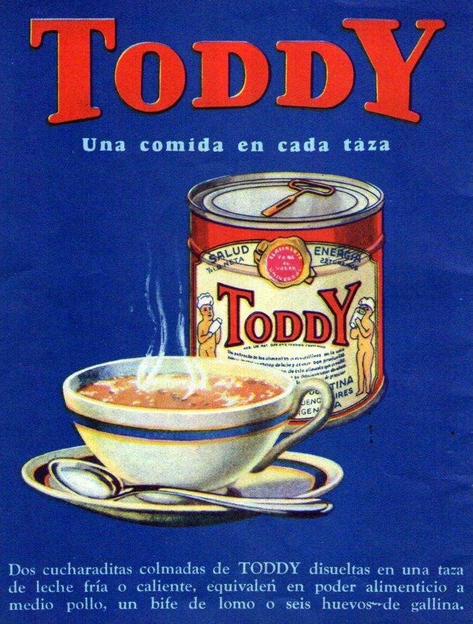 Anúncio antigo do Toddy com fundo azul, uma lata do produto e uma xícara fumegante, com o texto Una comida en cada taza
