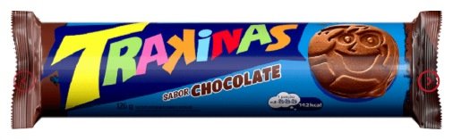 Embalagem atual da Trakinas sabor chocolate, com o biscoito em forma de rostinho e o logotipo com o "i" minúsculo.